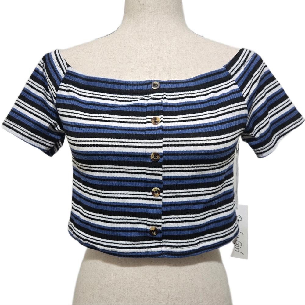 Peachy Girl Striped Ribbed Crop Top Size Large Blue White Black NWT Large